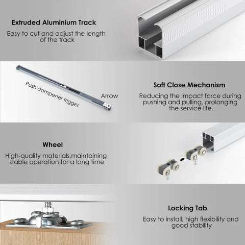 Components of 60Inch Sliding Pocket Door Hardware Kit With Aluminum Track And Soft Close Rail including rail, wheels, track, and locking tab.