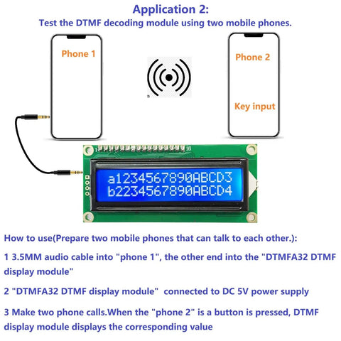 MT8870 DTMF Decoder LCD Display Module shows audio input from two mobile phones for testing applications.