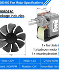 180 CFM Bathroom Exhaust Fan Motor And Blade Replacement For 509 Series Fans, motor and blade kit with specifications