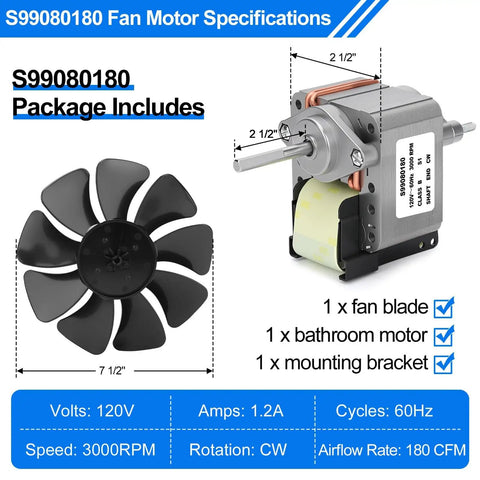 180 CFM Bathroom Exhaust Fan Motor And Blade Replacement For 509 Series Fans, motor and blade kit with specifications