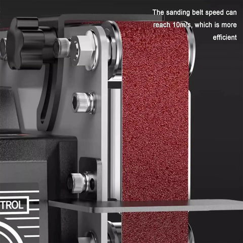 Heavy Duty Dual Power Belt Sander With Stepless Variable Speed And Rechargeable 6Ah Battery showing sanding belt mechanism.
