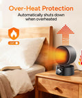 Compact 600W Desk Heater With Ceramic Core on bedside, showing overheat protection and heat flow in bedroom