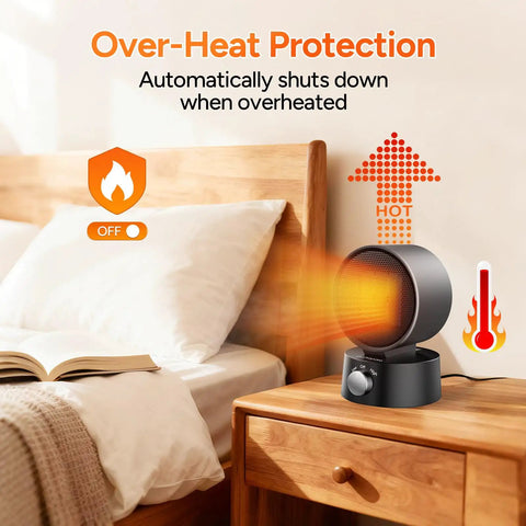 Compact 600W Desk Heater With Ceramic Core on bedside, showing overheat protection and heat flow in bedroom