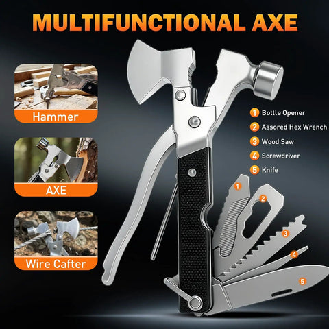 Multifunctional axe from Survival Gear Kit for Men With 27 In 1 Complete Tools and Camping Accessories, featuring hammer and saw.