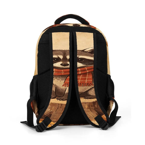 Fall Raccoon Print Backpack With Large Capacity Unisex Daypack showing back view with raccoon and orange scarf design.