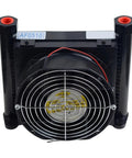 Heavy Duty Hydraulic Oil Cooler And Air Cooling Fin, 48W Power, 10 L Min Flow, 15 Bar Working Pressure, DC12V, Wide Application Radiator Exchanger For Hydraulic Systems And Built Tough Machinery with black and silver components.