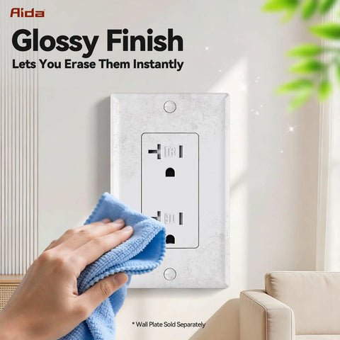 Heavy Duty 20 Amp Tamper Resistant Decorator Outlet Nema 5-20R Residential Receptacle With Self Grounding Terminal UL Certified White Wall Socket being cleaned.