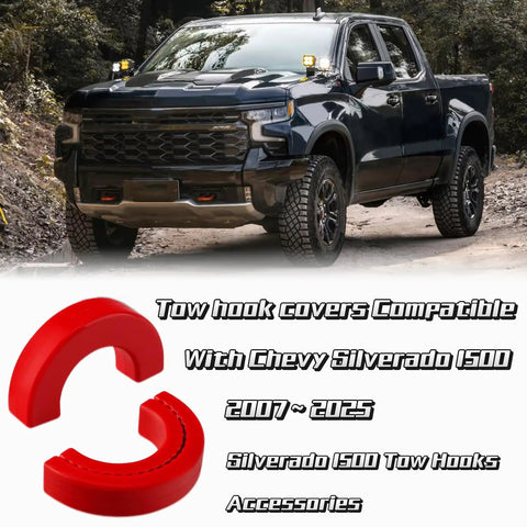 Red Tow Hook Cover Set For Silverado 1500 And Sierra 1500 2007 To 2024 And 2007 To 2018 shown with compatible truck