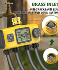 Smart Four Zone Garden Hose Timer With Four Independent Outlets Brass Inlet Rain Delay And Manual Or Automatic Irrigation Controller mounted on tap