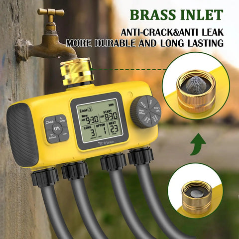 Smart Four Zone Garden Hose Timer With Four Independent Outlets Brass Inlet Rain Delay And Manual Or Automatic Irrigation Controller mounted on tap