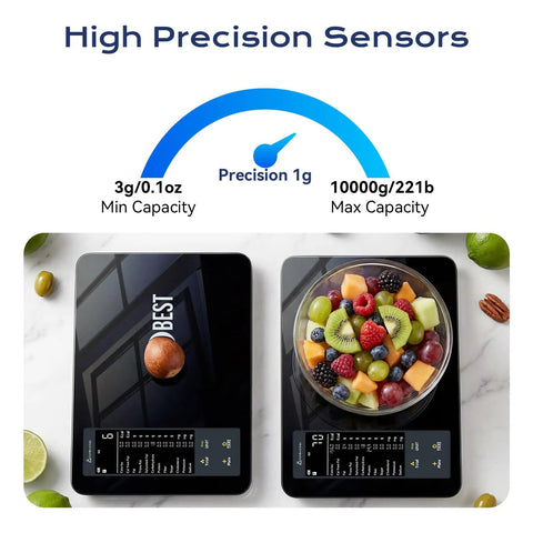Food Scale With Nutritional Calculator For Tracking 30 Plus Nutrients Calories And Macros Bluetooth Kitchen Scale With Free App showing high precision sensors display