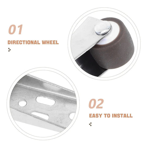 Four Piece Heavy Duty Sliding Door Rollers With Premium Rubber Caster Wheels For Wardrobe And Barn Cabinet Tracks showing directional wheel and installation feature.