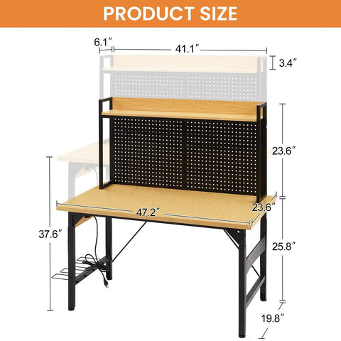 Heavy Duty 48 Inch Adjustable Workbench With Pegboard And Smooth Rolling Casters Built Like A Tank dimensions showing height and width.