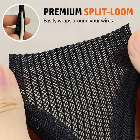 Hand holding Split Sleeve Wire Loom For High Temperature Automotive Harness And Home Cable Management, braided PET polyester