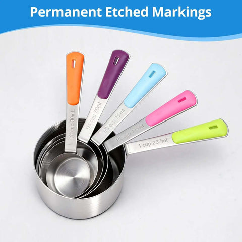 Stainless Steel Measuring Cups And Spoons Set 10 Piece For Cooking And Baking Includes 5 Cups And 5 Spoons With Colorful Handles