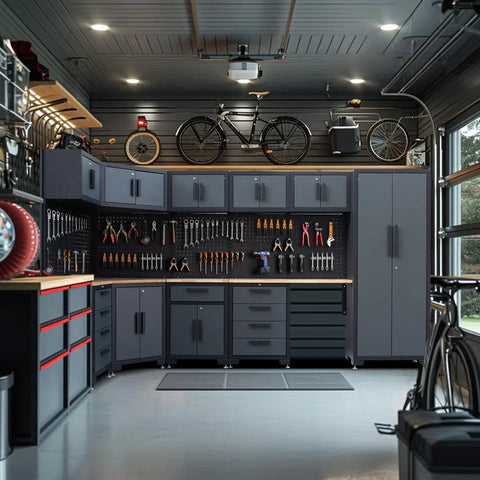Pro Grade Heavy Duty Garage Corner Storage Cabinet System With Workbench And Pegboard 15 Piece Set in organized garage