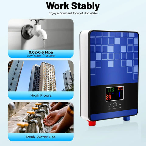 Top Shelf Electric Tankless Water Heater 110V 4500W with LED display for efficient hot water flow in homes.
