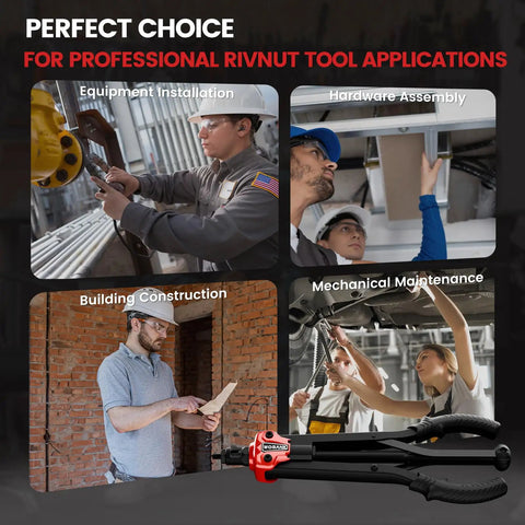 Rivet Nut Tool Kit With 16 Inch Heavy Duty Rivet Nut Tool 12 Mandrels Metric And SAE 230 Nuts Wrench Gloves Carrying Case Auto Release Nut Design For Automotive Construction And DIY Projects in use for various applications