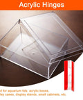 Six Piece Clear Acrylic Hinges, 100x42mm Invisible Self Adhesive Backing, 275 Degree Swivel, Flat Out Dependable For Cabinets, Display Stands, And Diy Woodworking, Smooth As Silk Operation - transparent acrylic hinges for display cases and cabinet lids.