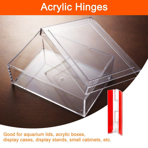 Six Piece Clear Acrylic Hinges, 100x42mm Invisible Self Adhesive Backing, 275 Degree Swivel, Flat Out Dependable For Cabinets, Display Stands, And Diy Woodworking, Smooth As Silk Operation - transparent acrylic hinges for display cases and cabinet lids.
