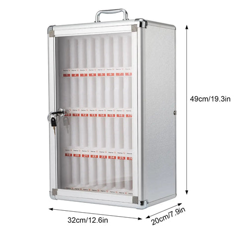 Built Different 36 Slot Cell Phone Locker With Heavy Duty Aluminum Frame front view, secure locking mechanism, 49cm height.