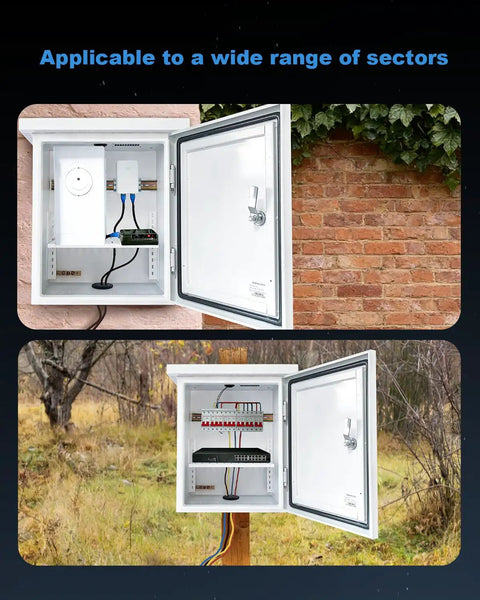 Kickass Outdoor Electrical Box With Built In Cooling Fan Weatherproof Galvanized Steel Wall Pole Mount Cabinet open showing internal wiring.