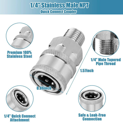 Front view of 1/4-inch stainless steel NPT quick-connect pressure washer couplers set (male and female)