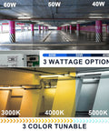 60W, 50W, 40W lighting comparison; 3000K, 4000K, 5000K color options; Vapor Tight LED Shop Light Four Foot All In One 40/50/60W Selectable