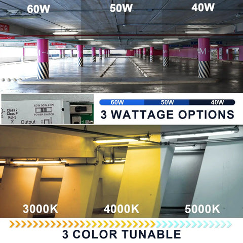 60W, 50W, 40W lighting comparison; 3000K, 4000K, 5000K color options; Vapor Tight LED Shop Light Four Foot All In One 40/50/60W Selectable