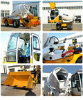 Tough As Nails Real Heavy Duty Mobile Concrete Mixer With Reliable Hydraulic Loading System showing front, side, and interior views.