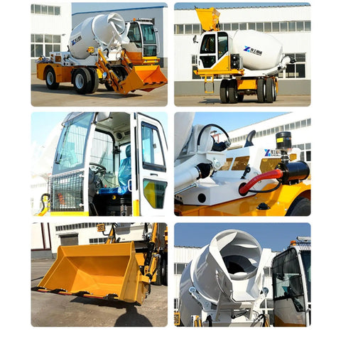 Tough As Nails Real Heavy Duty Mobile Concrete Mixer With Reliable Hydraulic Loading System showing front, side, and interior views.