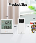 Wireless Indoor Outdoor Thermometer Hygrometer With Outdoor Sensor, No-Fuss Setup Digital Temperature And Humidity Monitor, 328ft Range, Backlit LCD Display, Perfect For Home, Living Room, Patio And Garage, Battery Included with size comparison to a playing card.