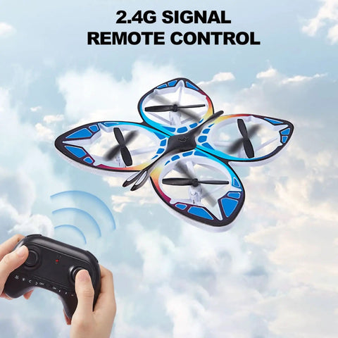 Mini Drone For Adults And Beginners, RC Butterfly Quad With Colorful LED Lights, shown flying with remote control.