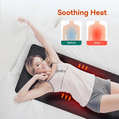 Woman relaxing on Full Body Massage Pad For Bed with 10 Vibration Motors and 5 Massage Modes, Heated Mattress Pad for Back and Whole Body.