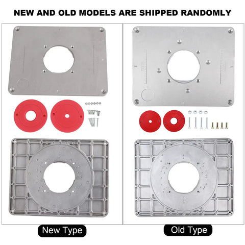 Premium Aluminum Router Table Insert Plate With Easy Adjust Flip Top Design For Woodworking Benches, displayed new and old models.