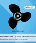 Heavy Duty 14.5 By 19 Inch Aluminum Boat Propeller Three Blade Right Hand Rotation With 15 Tooth Spline display diagram