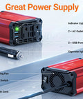 Heavy Duty 300 Watt Car Power Inverter, Plug And Play Dc 12v To 110v Ac Conversion with dual USB ports and AC outlets.
