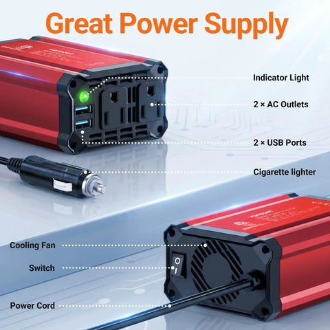 Heavy Duty 300 Watt Car Power Inverter, Plug And Play Dc 12v To 110v Ac Conversion with dual USB ports and AC outlets.