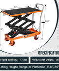 Heavy-Duty Hydraulic Lift Table Cart With Reliable Pump And Easy Operation Max Capacity 770 Lbs Elevates Up To Five Feet Nine Inches showing dimensions 31.5" x 19.7".