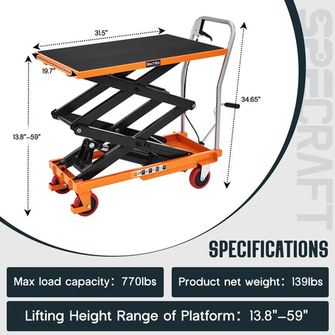 Heavy-Duty Hydraulic Lift Table Cart With Reliable Pump And Easy Operation Max Capacity 770 Lbs Elevates Up To Five Feet Nine Inches showing dimensions 31.5" x 19.7".
