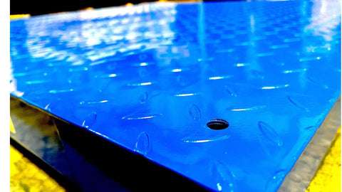 Close-up of blue steel surface of Heavy Duty Floor Scale With Digital Indicator Built Like A Tank For Warehouse Shipping And Medium Duty Industrial Weighing Massive Forty Eight By Forty Eight Inch Pallet Platform Deadlift Ready 10000 Pound Capacity Gangpack Of Eight.