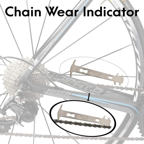 Chain Wear Checker Gauge With Master Link Pliers And Chain Breaker Rivet Tool for road mountain and hybrid bikes shown on bike