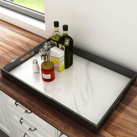 Tray on counter with White Marble Contact Paper Peel And Stick For Countertops Waterproof Self Adhesive Marble Wallpaper.