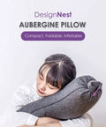 Person hugging Eggplant Inflatable Pillow With Ergonomic Hug Design For Naps And Lounging, grey color, compact design.