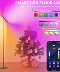 Dope Rgb Floor Lamp With Double Side Lighting, showing multicolor dimmable options via smart app control with Christmas decor.