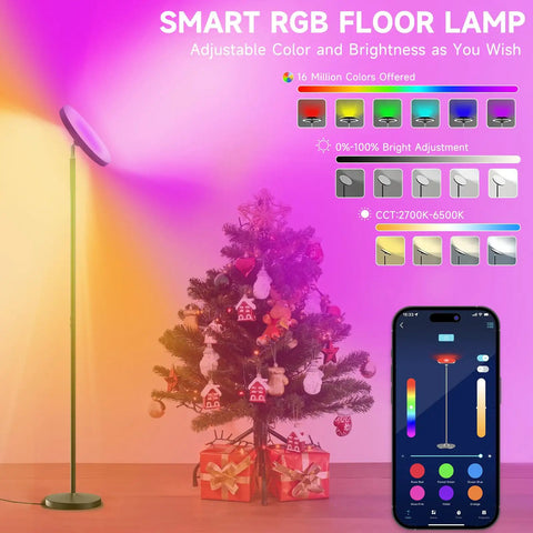 Dope Rgb Floor Lamp With Double Side Lighting, showing multicolor dimmable options via smart app control with Christmas decor.