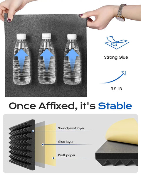 Heavy Duty Acoustic Pyramid Soundproof Foam Panels For Wall Noise Reduction Self Adhesive Dampening Tiles, showing installation strength with water bottles.