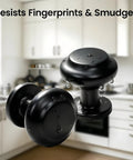 Matte Black Cabinet Knobs 10 Pack Single Hole Round Drawer Knobs Zinc Alloy Modern Hardware For Kitchen Cabinets Bathroom Vanity Dresser And Closet Drawers Built To Last Quality You Can Trust with water droplets showing fingerprint resistance in a modern kitchen setting.