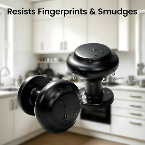 Matte Black Cabinet Knobs 10 Pack Single Hole Round Drawer Knobs Zinc Alloy Modern Hardware For Kitchen Cabinets Bathroom Vanity Dresser And Closet Drawers Built To Last Quality You Can Trust with water droplets showing fingerprint resistance in a modern kitchen setting.