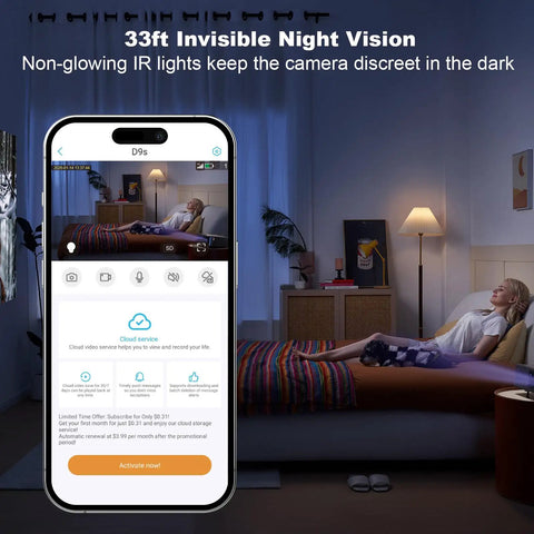 Smartphone displaying surveillance view of indoor 4G LTE Cellular Security Camera with 33ft night vision for home use